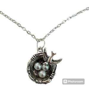 Bird nest faux pearl white eggs silver plated necklace adjustable